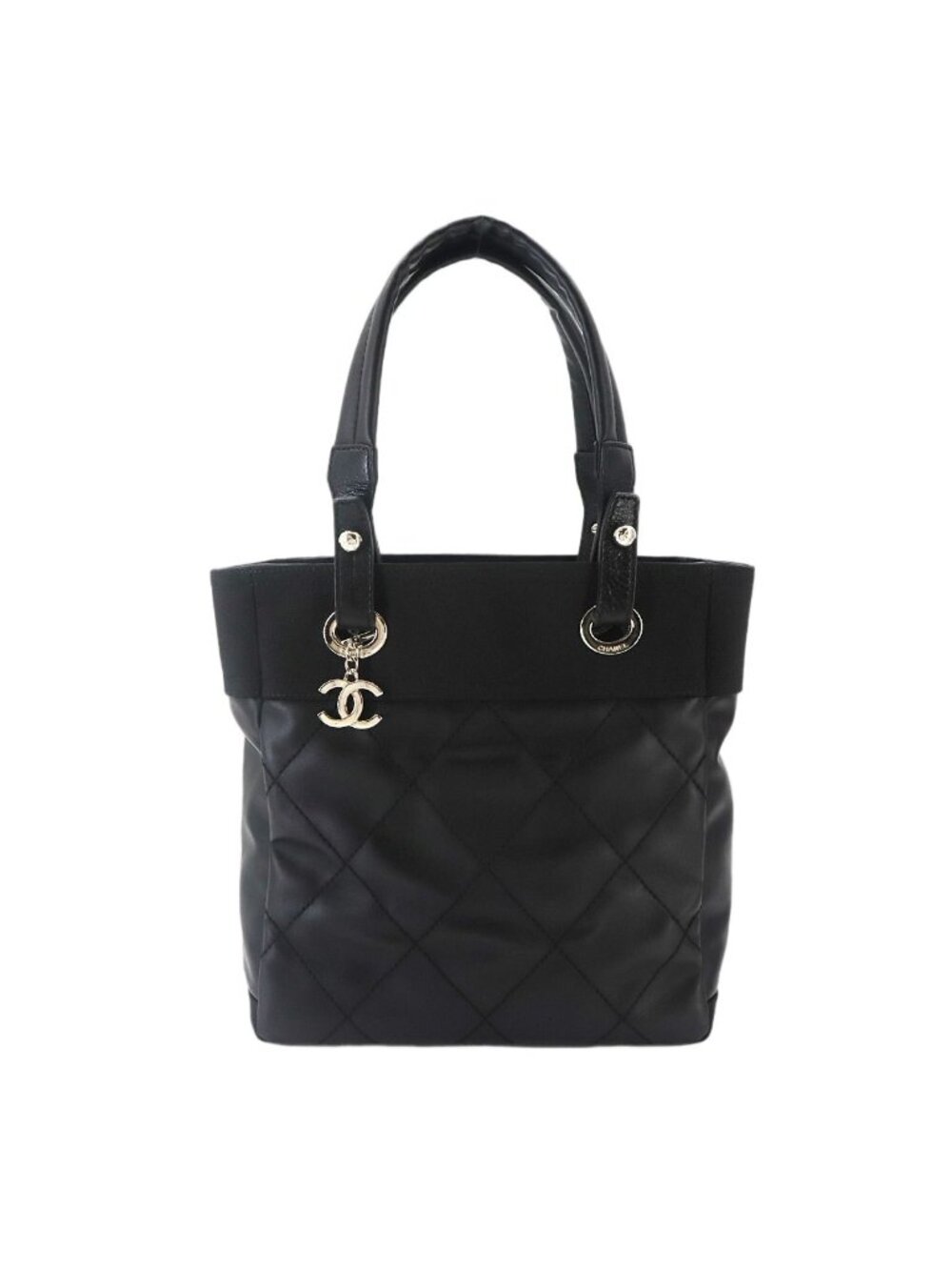 Chanel Paris Biarritz PM Tote Nylon Leather Black Silver